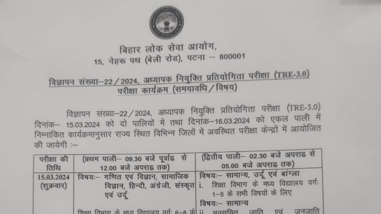 Bihar News : BPSC Teacher Exam exam schedule, BPSE TRE 3.0 examination for bihar teacher notification