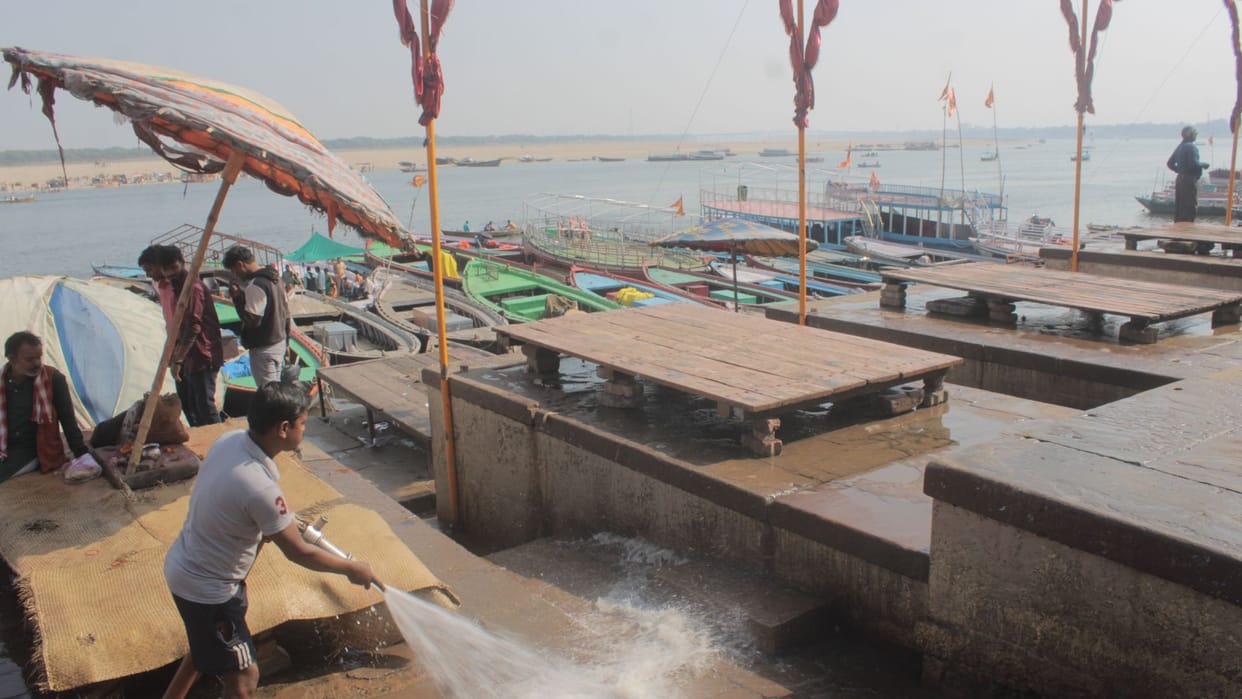 Ganga ghats of varanasi dirt spread by Ganga committees after ganga arti