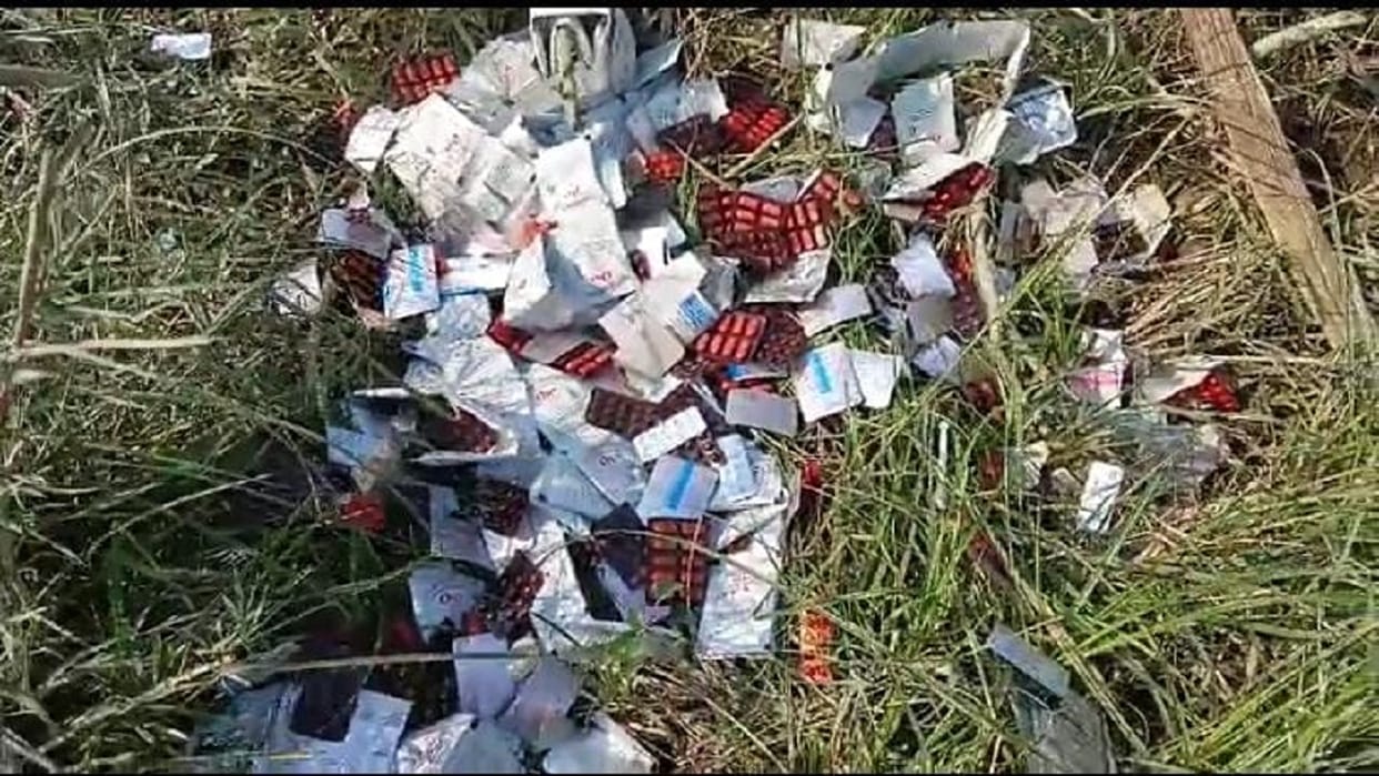 Government medicines found lying under a culvert in Lakhimpur Kheri.