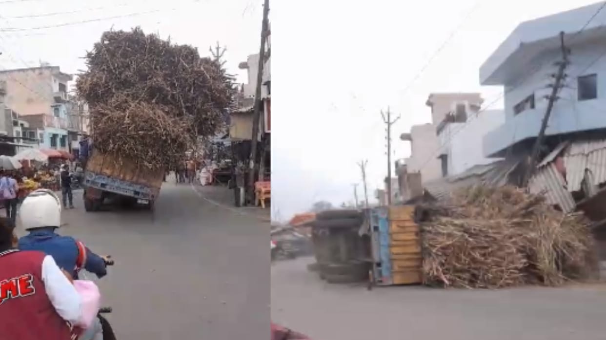 Meerut: truck overloaded with sugarcane overturns at sweet shop in Mawana