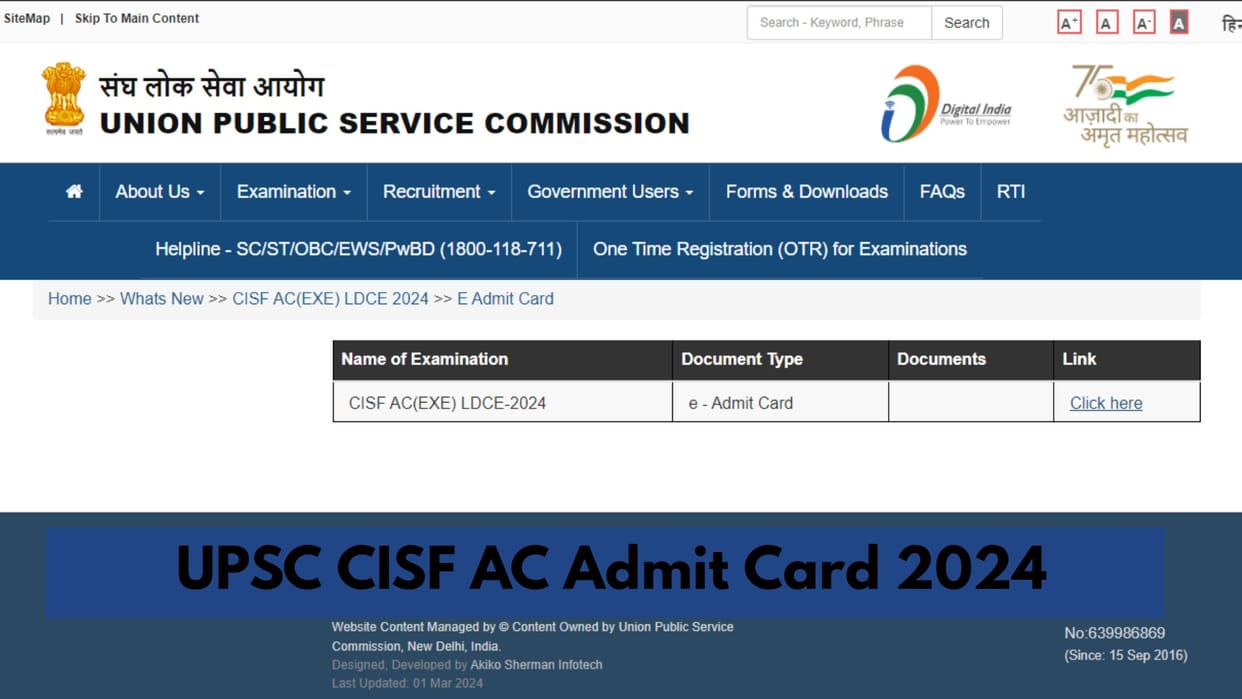 UPSC CISF AC 2024 Admit Card out at upsc.gov.in, Exam on 10 March; Direct link to downlaod