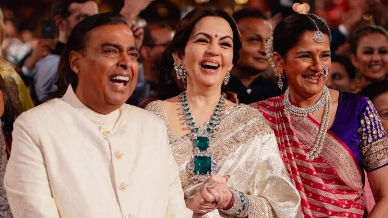 Mukesh Ambani Neeta Ambani seen acting on Don Dialogue in Anant Ambani Radhika Merchant Pre Wedding Ceremony