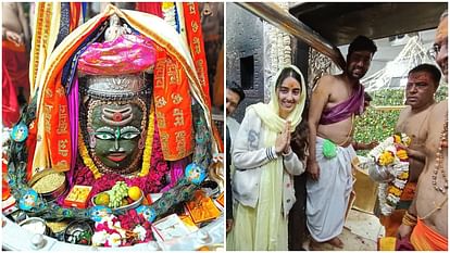 Baba Mahakal Bhasmarti wearing  garland of peacock feathers actress Simrat Kaur visited Mahakaleshwr Temple