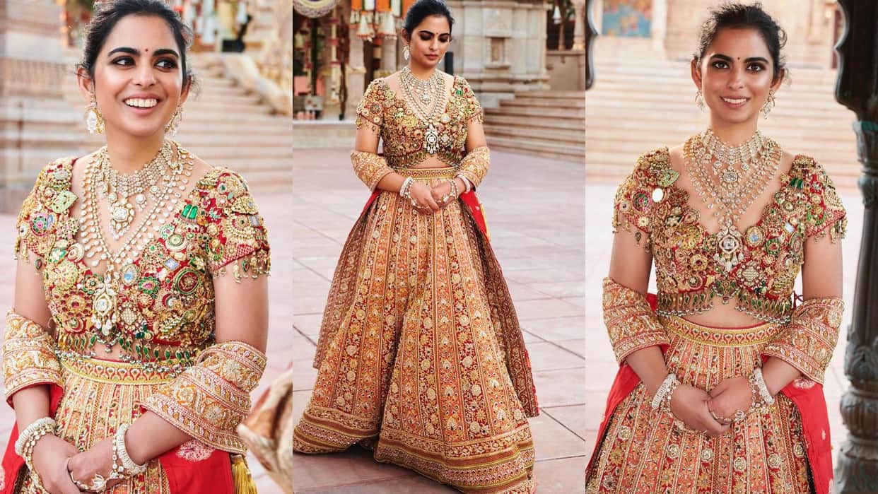 Isha Ambani blouse design made by rubies emrald and diamond pieces anant radhika pre wedding