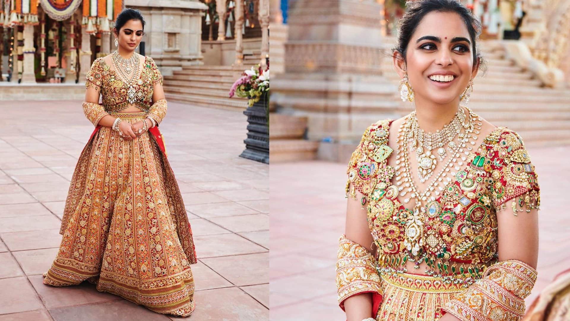 Isha Ambani blouse design made by rubies emrald and diamond pieces anant radhika pre wedding