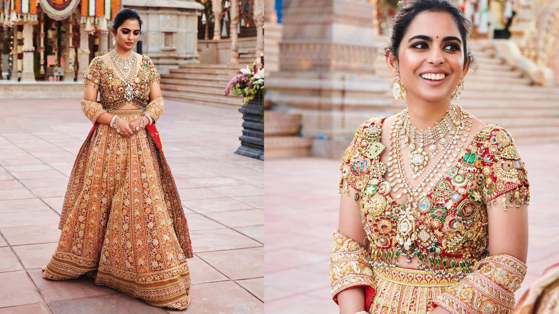 Isha Ambani blouse design made by rubies emrald and diamond pieces anant radhika pre wedding