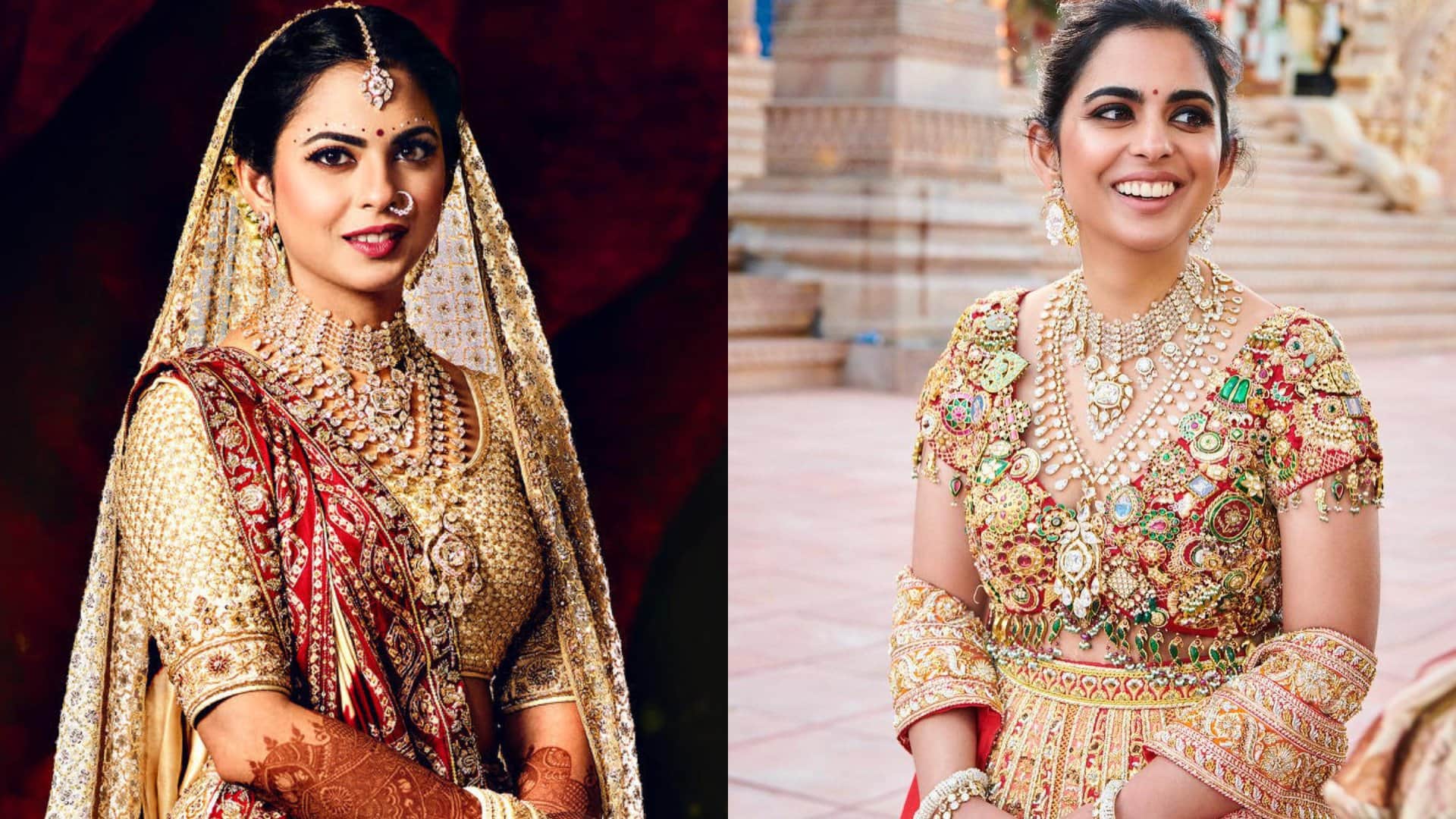 Isha Ambani blouse design made by rubies emrald and diamond pieces anant radhika pre wedding