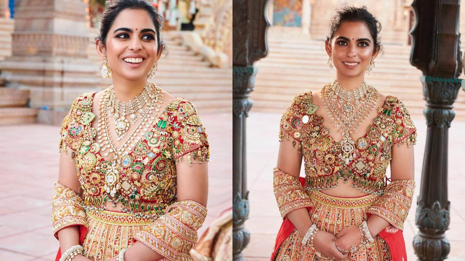 Isha Ambani blouse design made by rubies emrald and diamond pieces anant radhika pre wedding