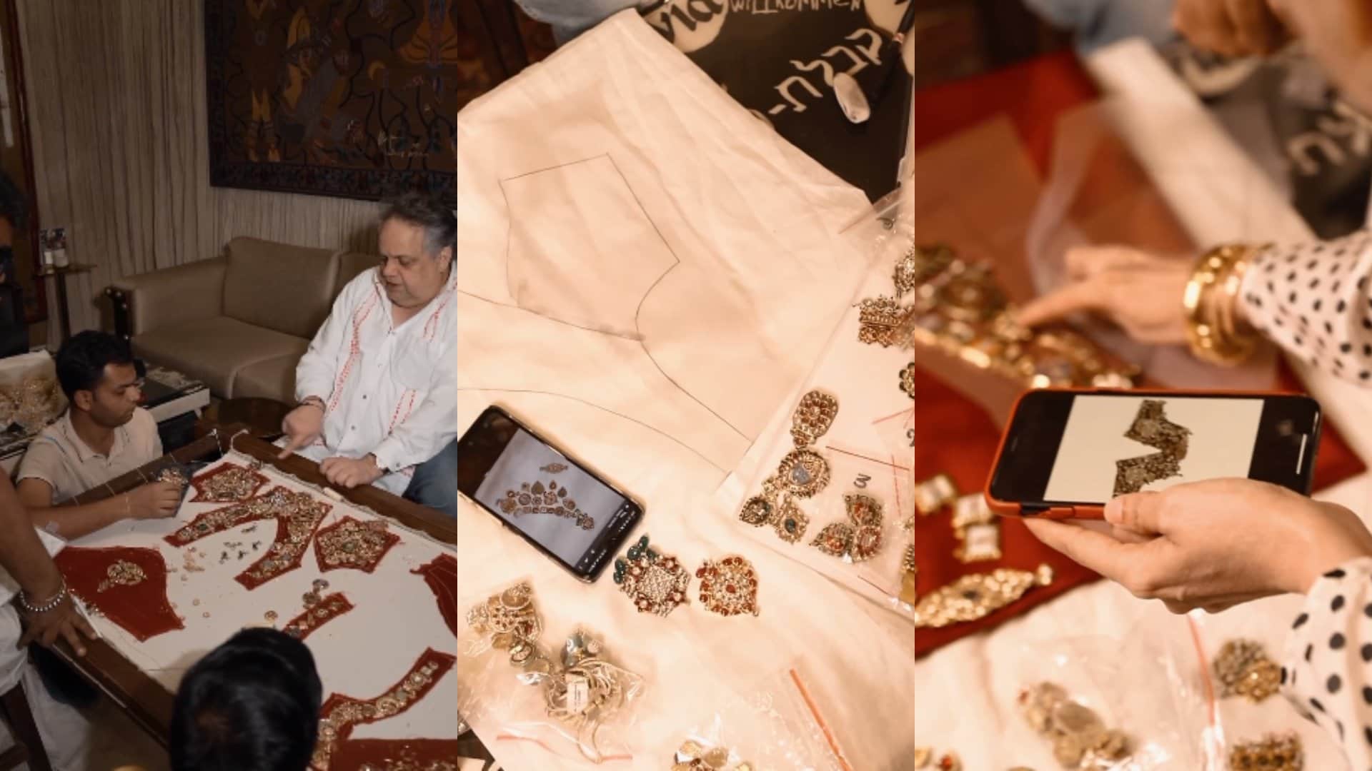 Isha Ambani blouse design made by rubies emrald and diamond pieces anant radhika pre wedding