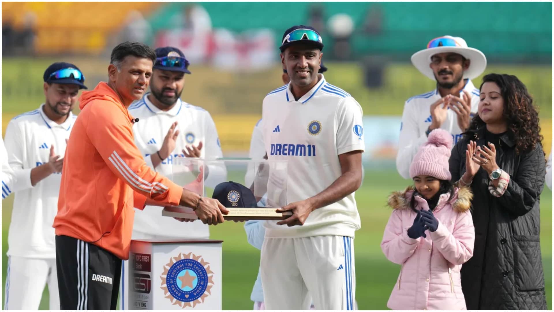 Ashwin 100th Test Photos, got special cap from coach Dravid, wife Prithi emotional, both daughters present