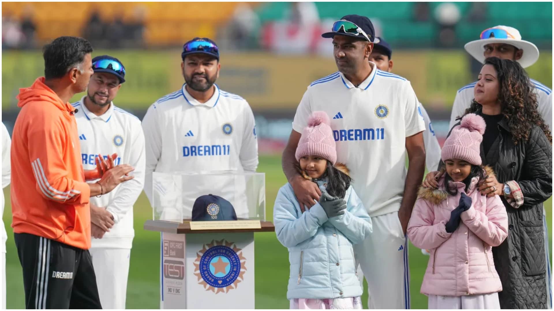 Ashwin 100th Test Photos, got special cap from coach Dravid, wife Prithi emotional, both daughters present