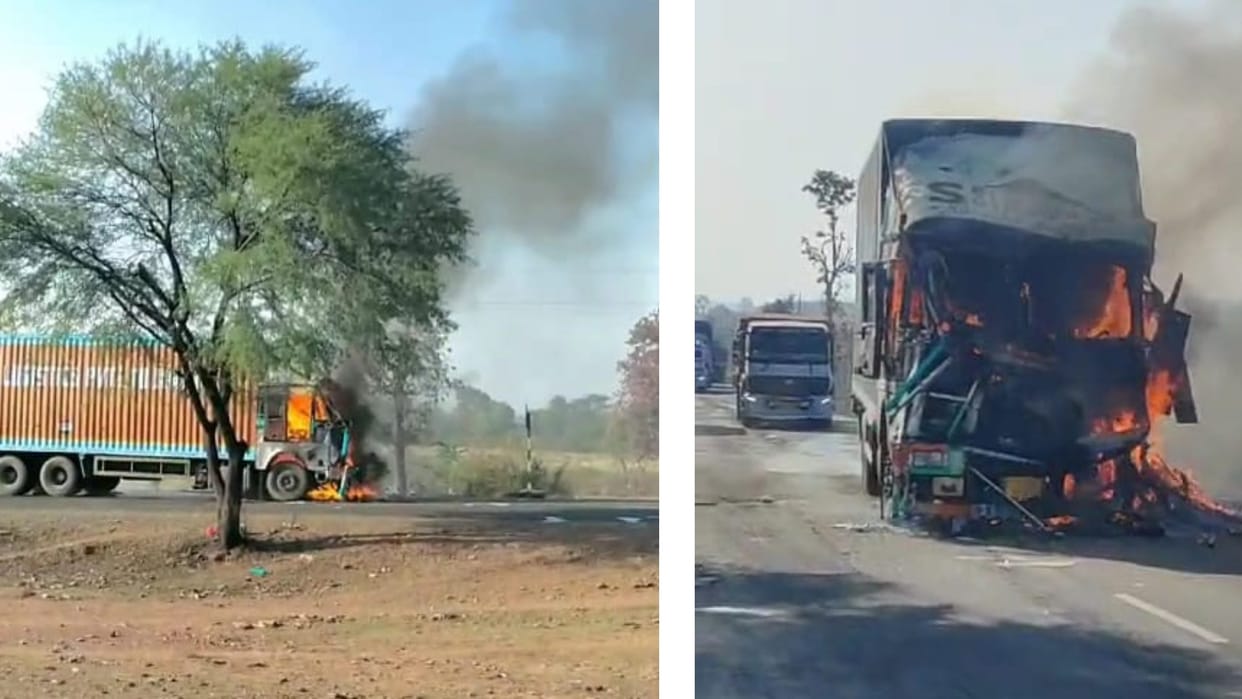 Container fire on Damoh-Jabalpur highway