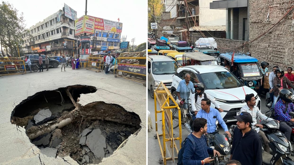 Heavy traffic jam road subsidence Sigra intersection in varanasi