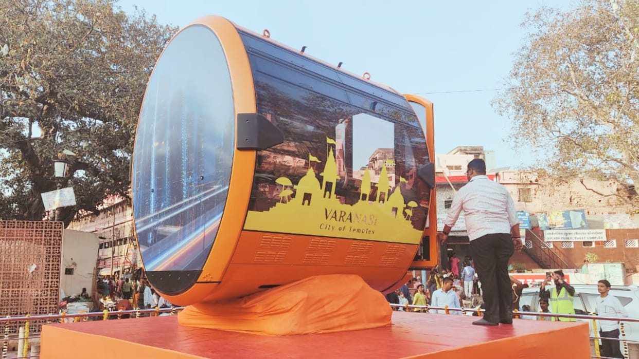 people take  selfie with Kashi Ropeway gondola in varanasi