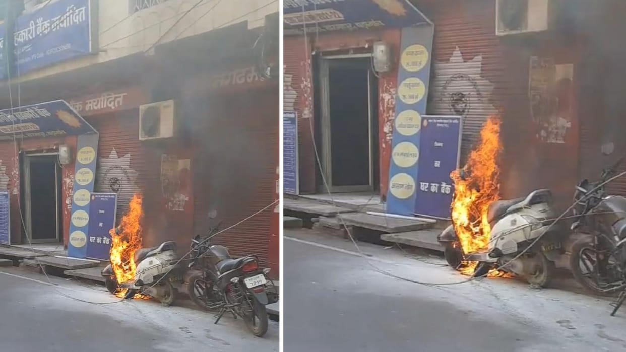 Tikamgarh: Electric wires broke and fell, Scooty caught fire, cylinders in the bank were removed.