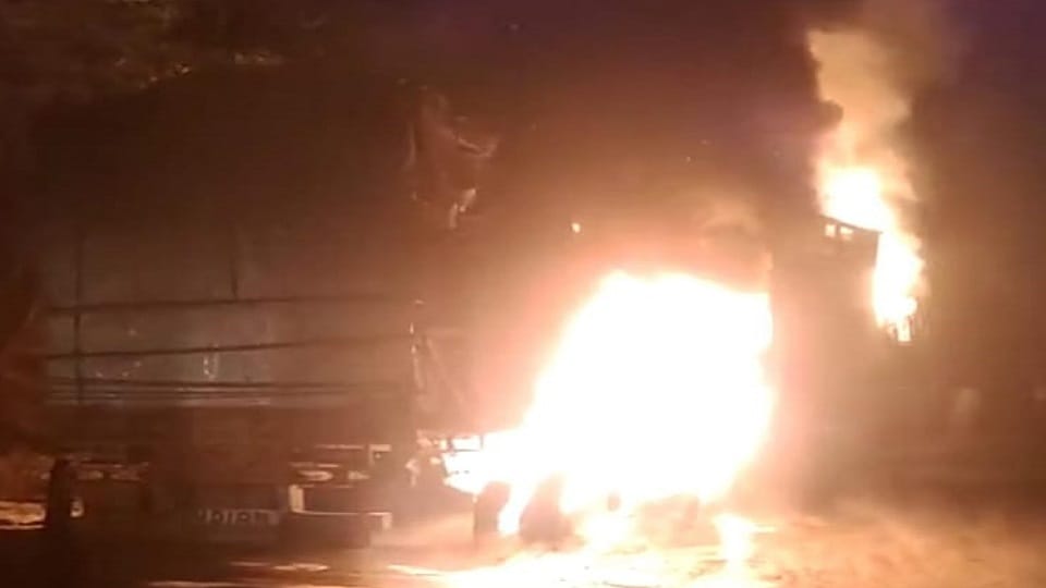 A massive fire broke out in a truck loaded with sugar sacks on the highway