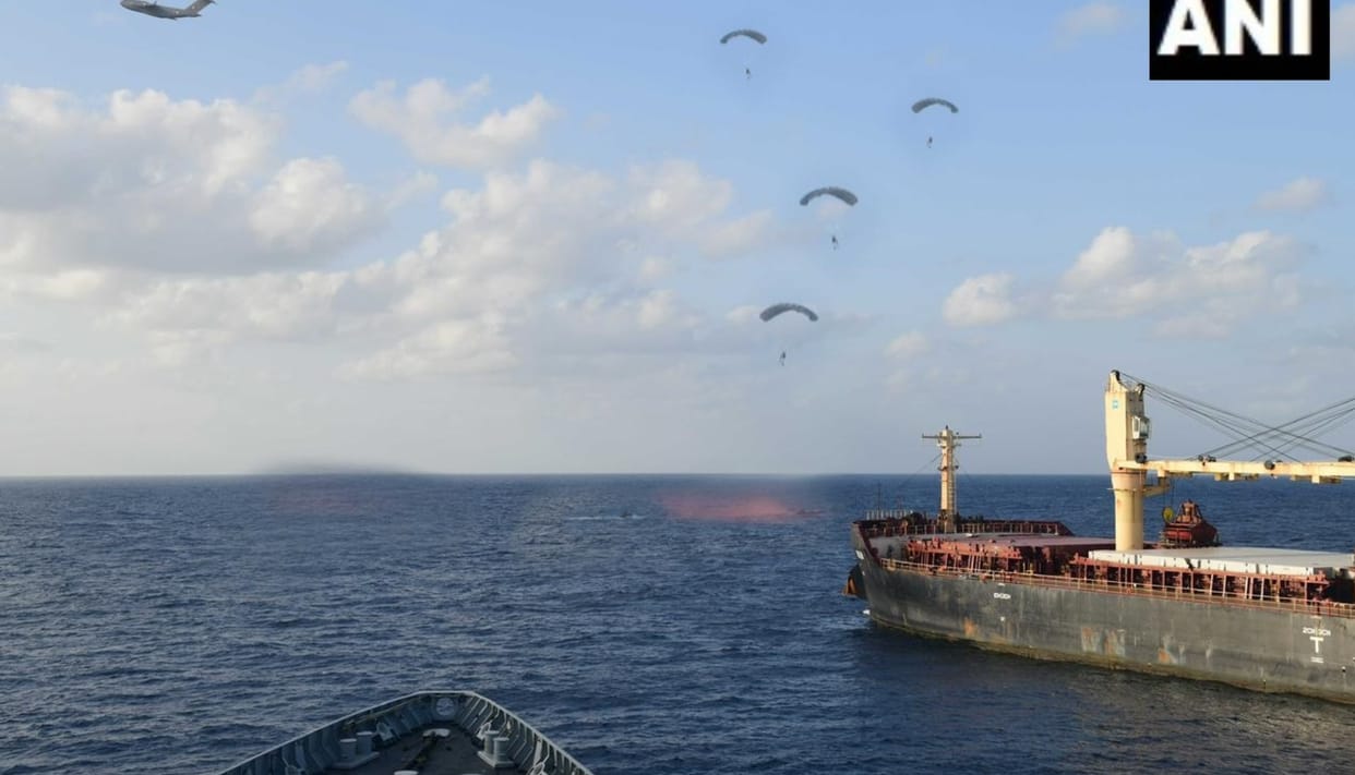 indian navy save mv ruen from pirates in custody arabian sea marcos commando air drop in sea