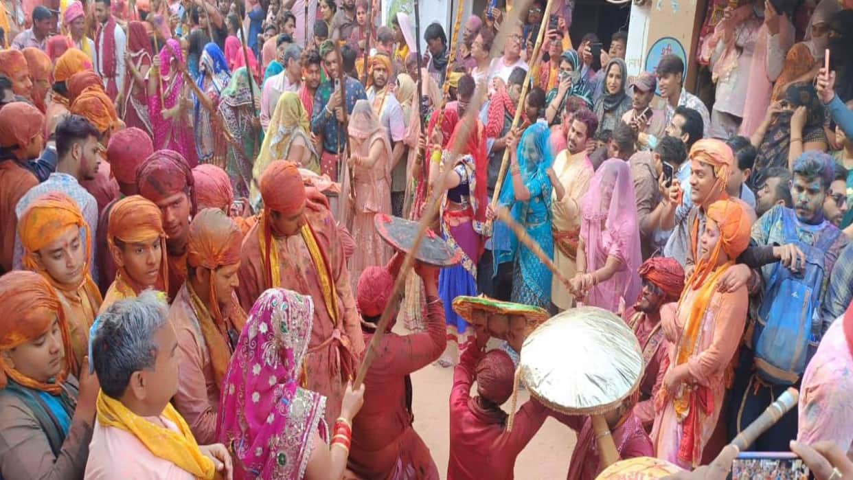 World famous Lathmar Holi was played in Barsana the city of Radha Rani in Mathura