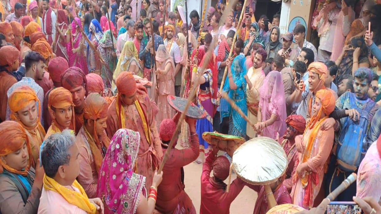 World famous Lathmar Holi was played in Barsana the city of Radha Rani in Mathura