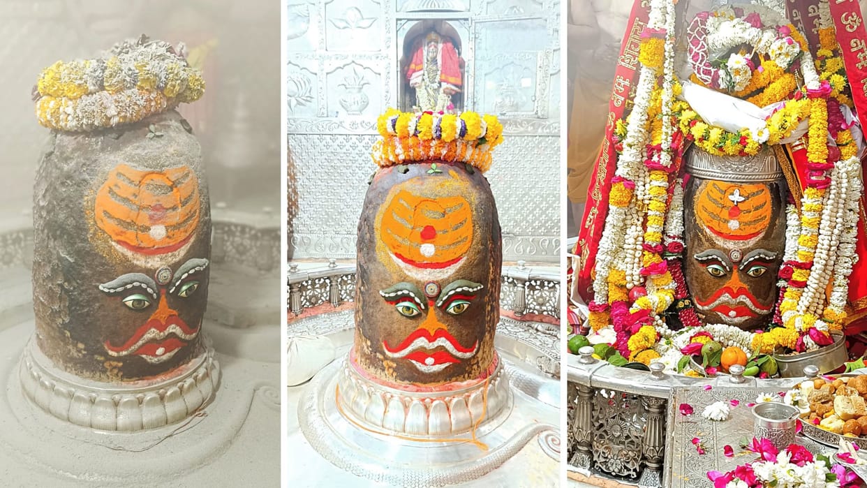 Ujjain Mahakal Darshan:  divine adornment of Mahakal, silver crown-Rudraksh and garland of flowers.