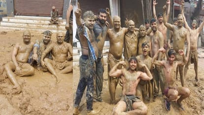 tradition of playing Holi with mud is going on in Naujheel of Mathura