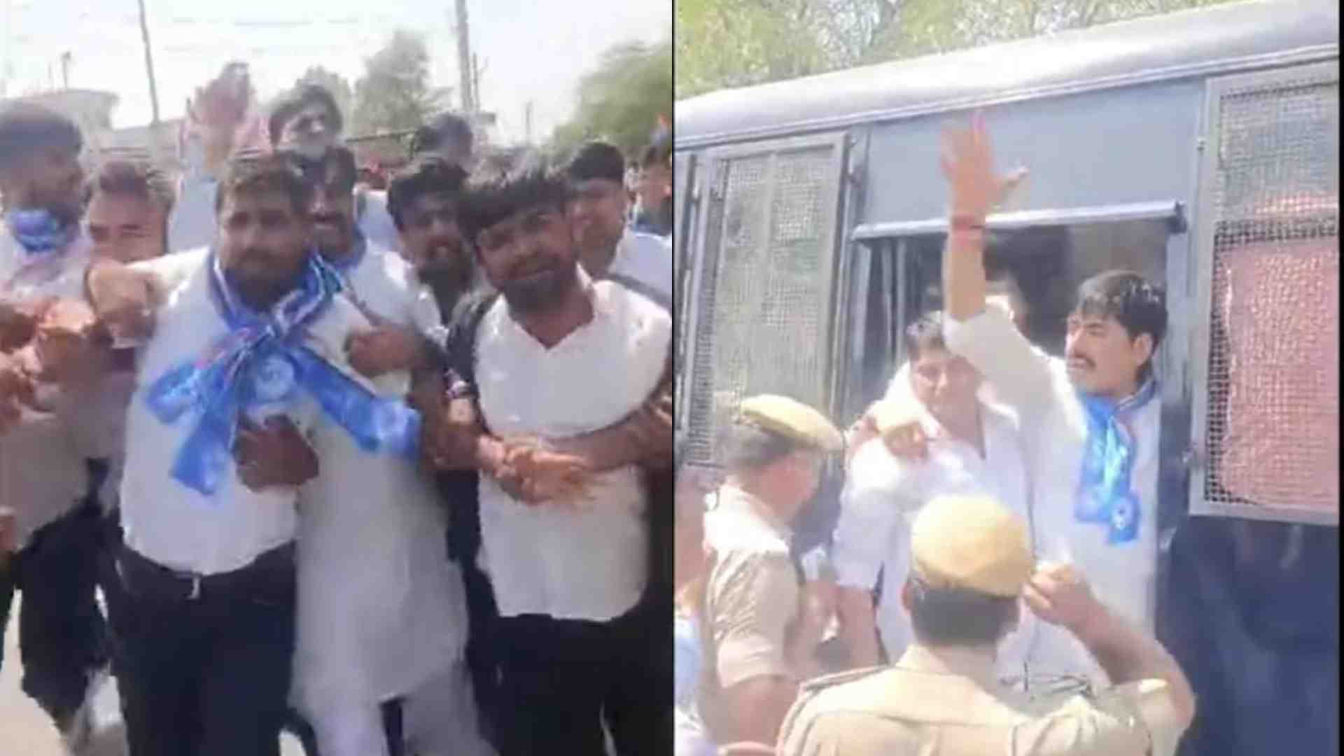 प्रदर्शन करते एनएसयूआई कार्यकर्ता।