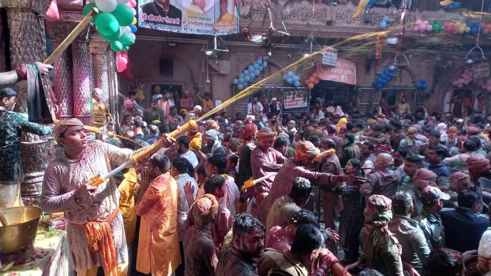 Banke Bihari came out of sanctum sanctorum to play Holi On Rang Bharni Ekadashi procession of devotees