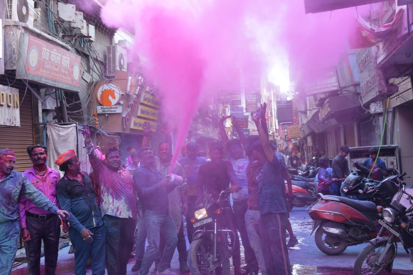 Holi celebration in chauk sarafa bazar in Lucknow.