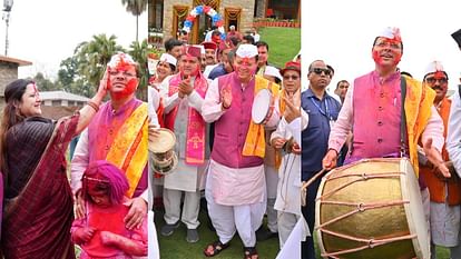 Holi 2024 Uttarakhand CM Dhami Play Holi in CM residence Sing songs with Dhol-Damau Photos