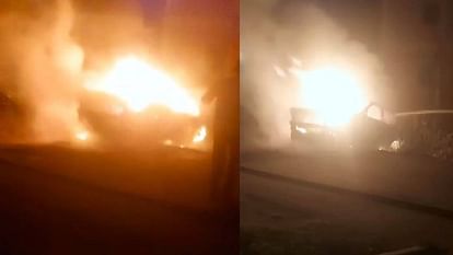 car moving on highway caught fire in Firozabad driver saved his life by jumping