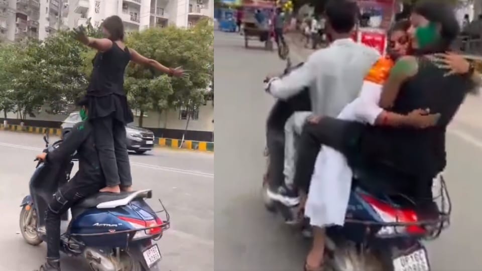 Girls spread obscenity on moving scooter one did stunts while standing noida police challan of Rs 33 thousand