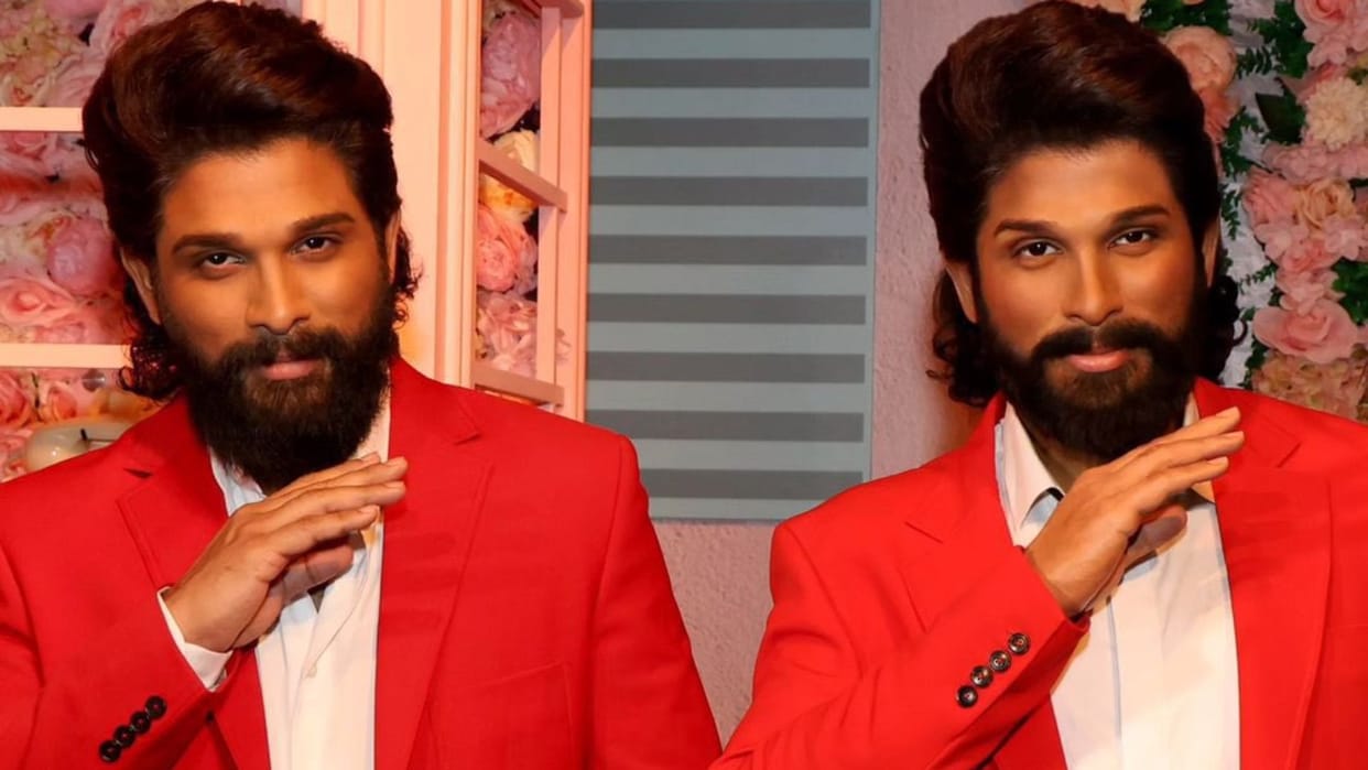 pushpa 2 the rule actor allu arjun launch his wax statue at madame tussauds dubai with iconic pushpa pose pics