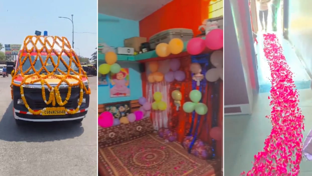 MP News: On birth of a daughter, ambulance is decorated like a bride and flowers are spread all over way.