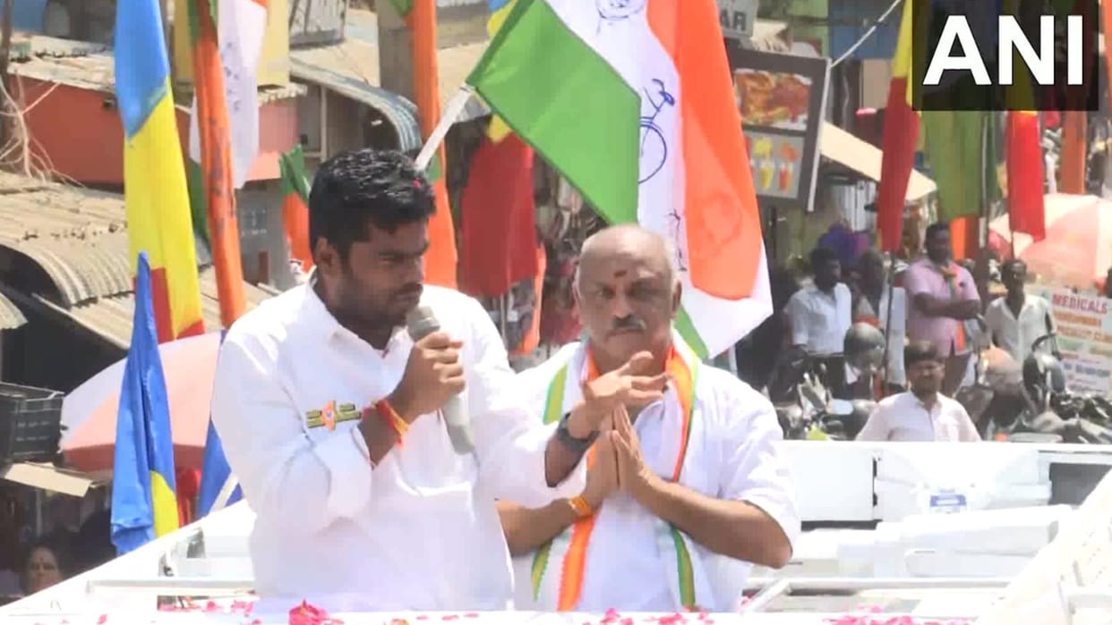 BJP leader K Annamalai campaigns in support of Tamil Manila Congress candidate VN Venugopal in Sriperumbudur