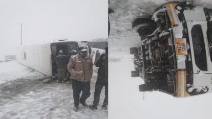 Bus skids in snow and overturns on road in Maling, Kinnaur, passengers narrowly escaped