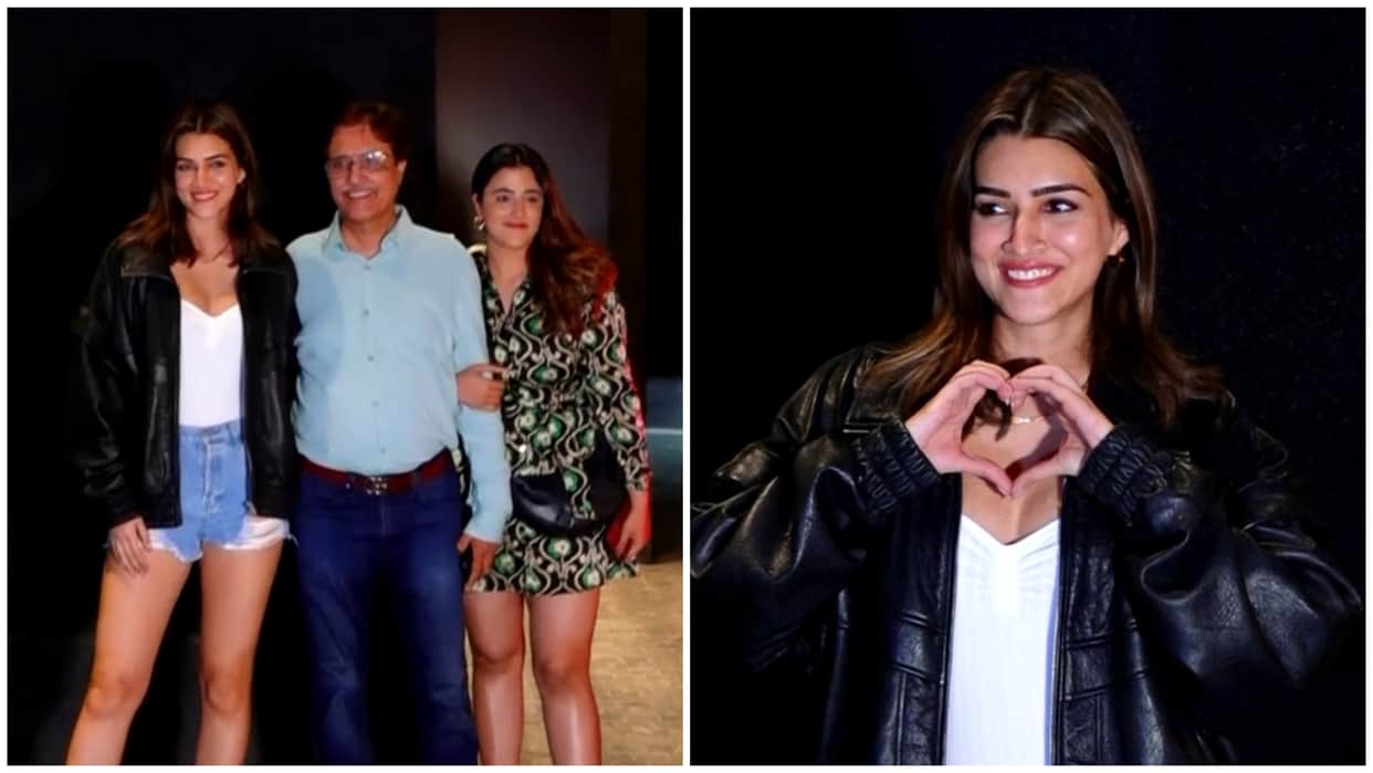 Kriti Sanon With Father and Sister Nupur Sanon at Special Screening Of Tabu Kareena Kapoor Khan Starrer Crew