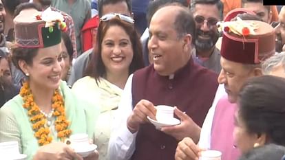 BJP candidate from Mandi Kangana Ranaut along with Jairam Thakur met people and enjoyed tea in Mandi