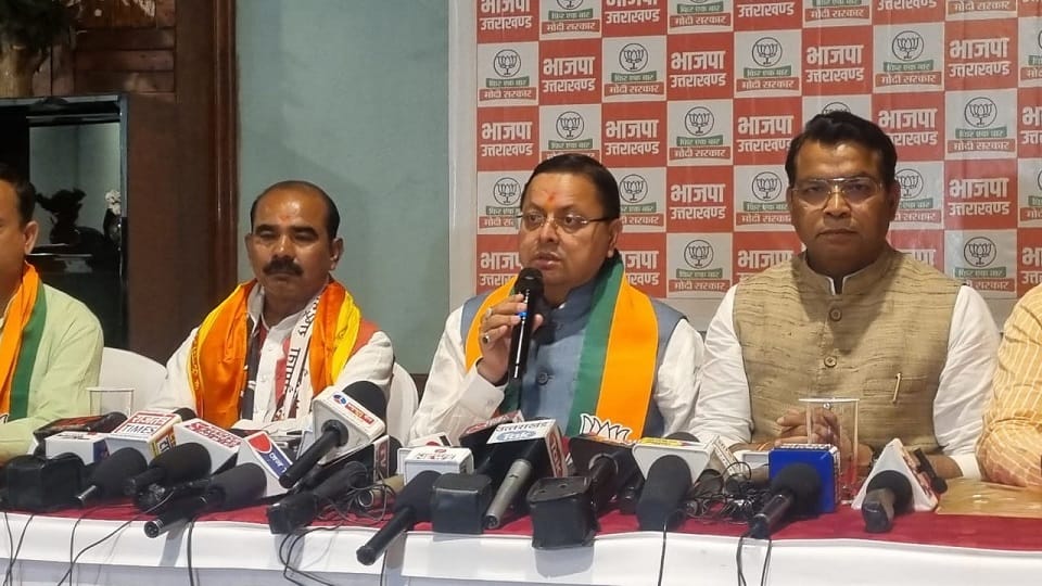 CM Pushkar Singh Dhami addressing a press conference in Rudrapur