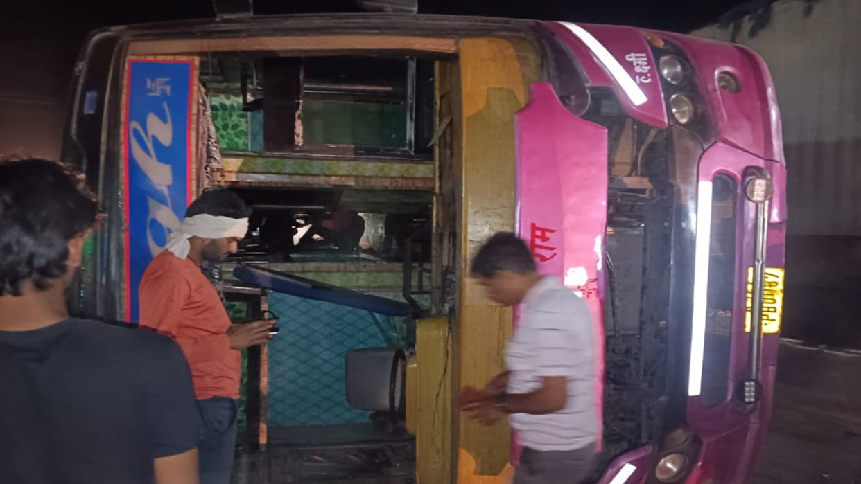 high speed bus going to Mehandipur went out of control and overturned