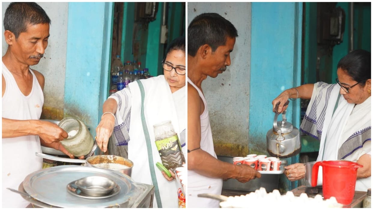West Bengal CM & TMC chairperson Mamata Banerjee prepares and enjoys tea at a local tea stall in Jalpaiguri