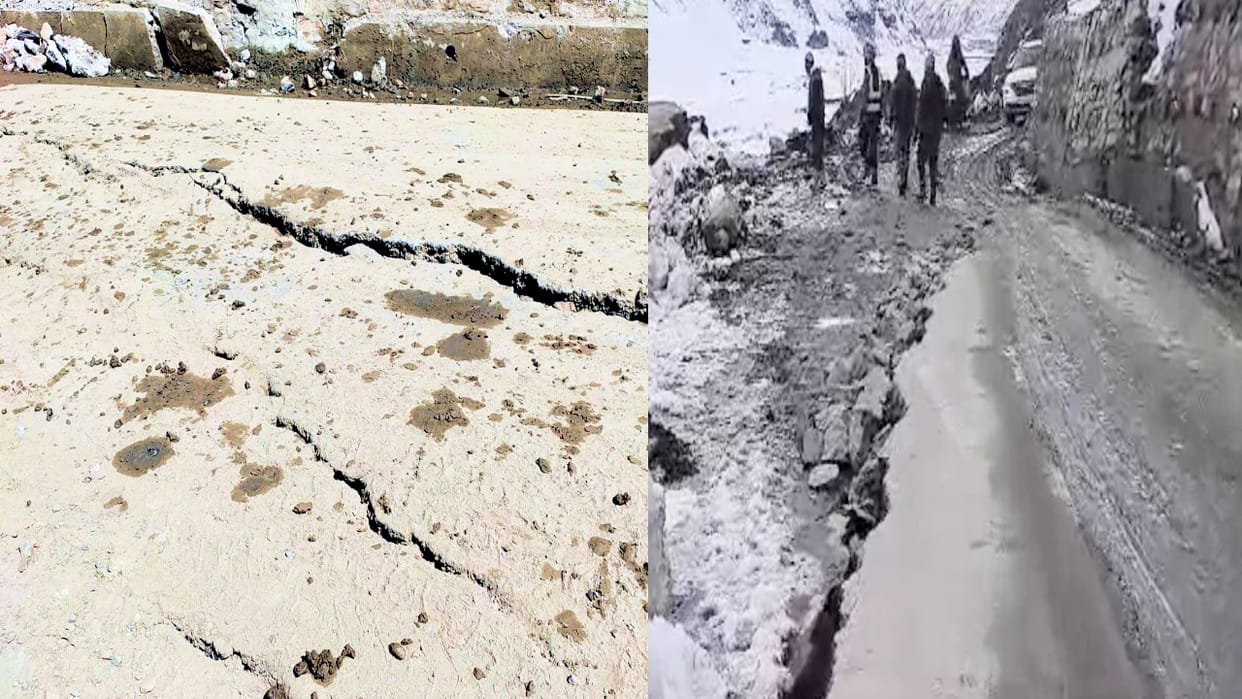 Crack near Sisu on Manali-Leh highway, BRO officials arrived to take stock