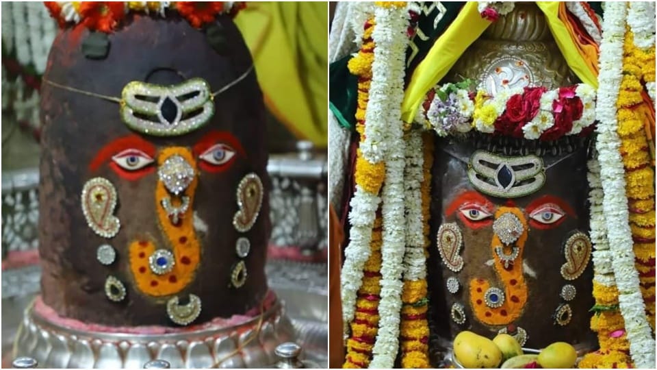 Ujjain Mahakaleshwar Temple: Baba Mahakal dressed as Lord Ganesha wearing garland of Tripund and Mundas