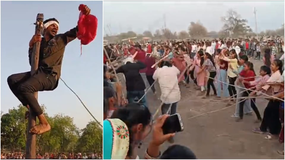 Khargone Unique jaggery breaking tradition tribal youths remove bundle from pillar while attack of women