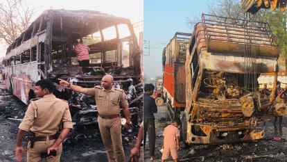 टला बड़ा हादसा: वाराणसी में बस और ट्रक में आग लगी, सो रहे 70 यात्री किए गए रेस्क्यू, सभी लोग सुरक्षित Bus and truck caught fire in Varanasi no casualties in accident