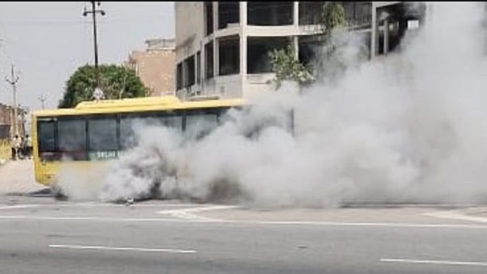 Mathura: Smoke billows from  school bus on the highway children scream evacuated safely