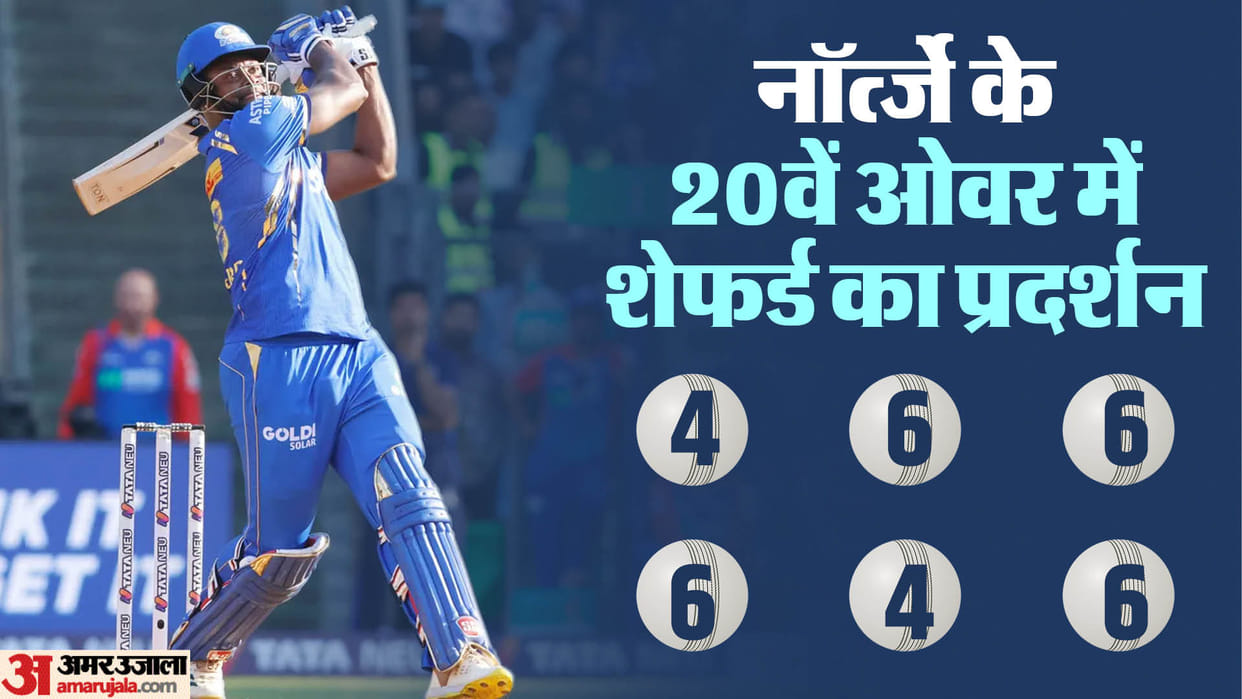 IPL 2024: Mumbai Indians batter romario Shepherd slashes Delhi capitals bowler Anrich Norjte watch this video
