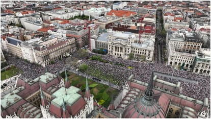 Demonstrate against Hungarian Prime Minister Viktor Orban at Budapest in hungary