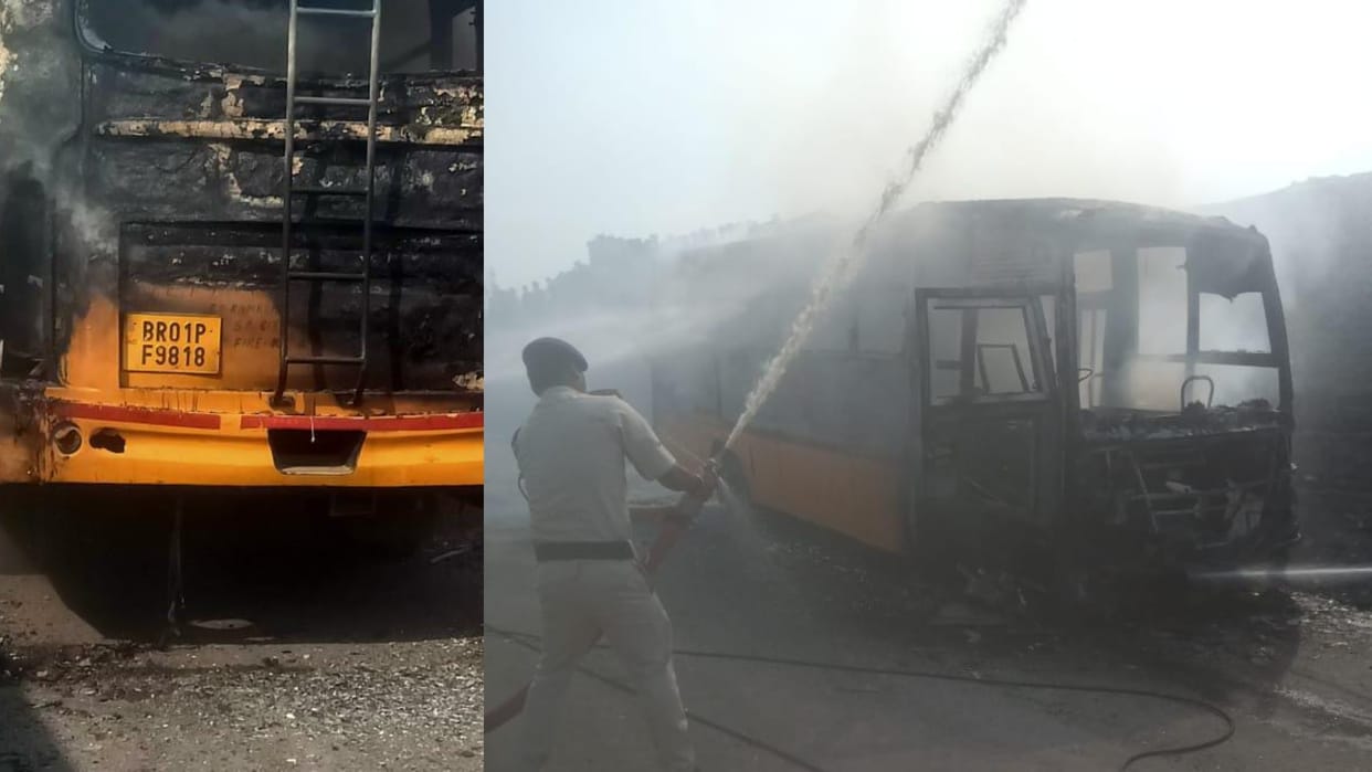 Burning Bus: School bus caught fire in Patna, near bypass, bihar news,bihar police