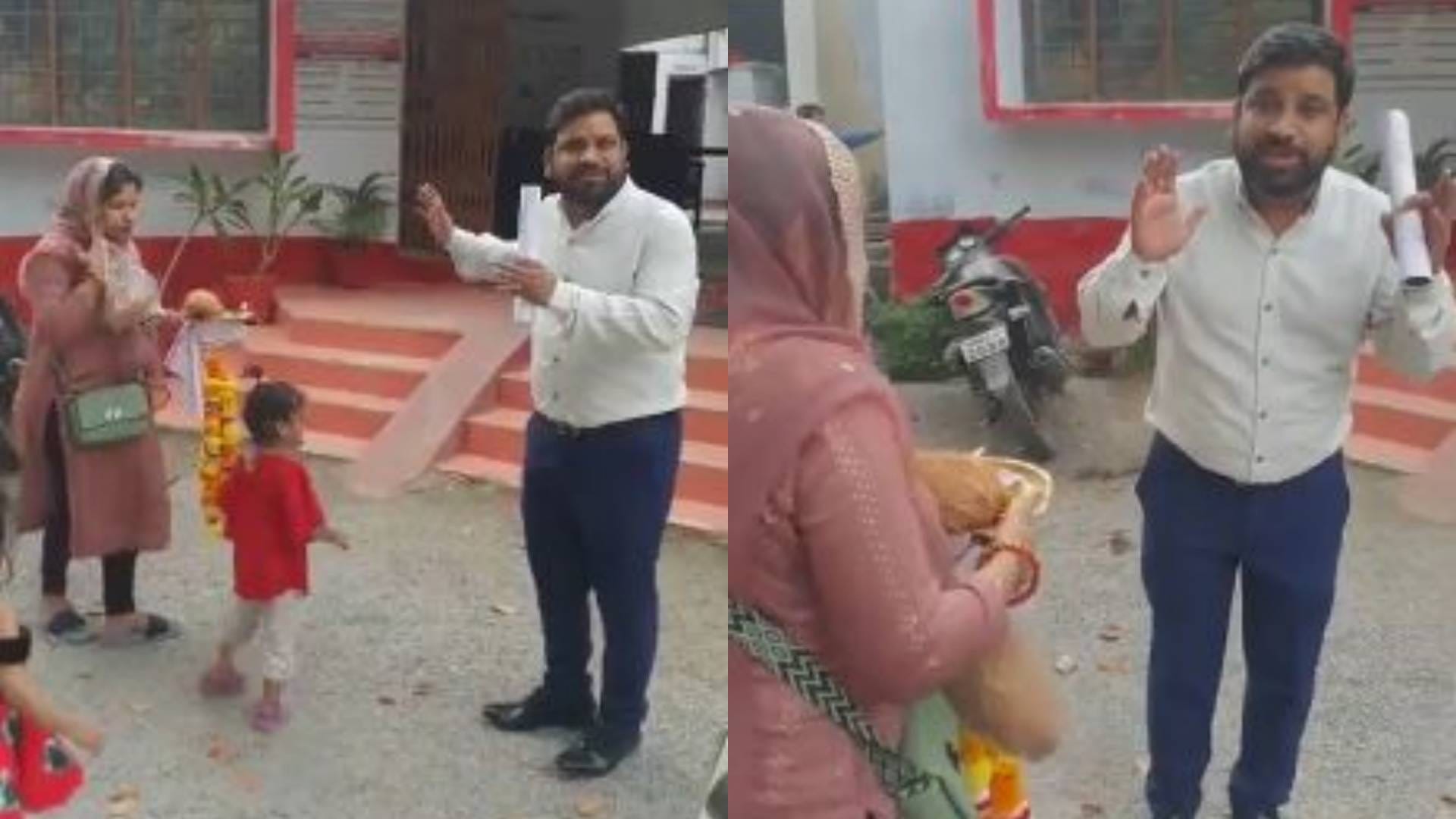 थाना प्रभारी की आरती उतारती हुई महिला