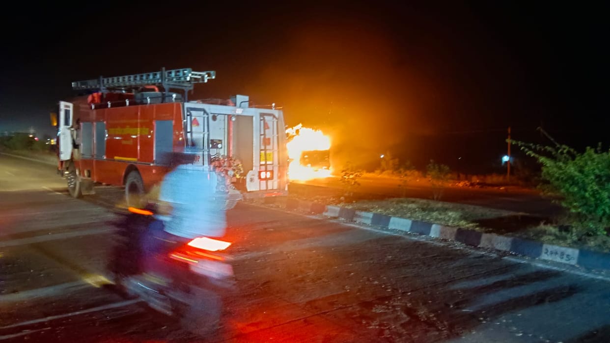 fire out in loaded truck with country liquor jammed road in varanasi